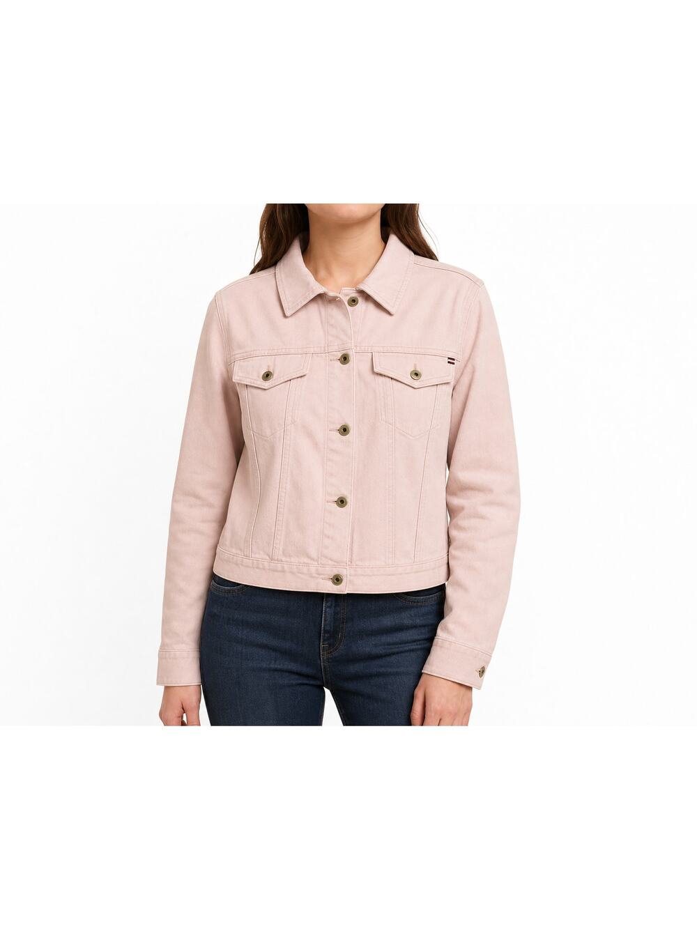 Tommy Hilfiger Womens Pale Pink Blush Denim Trucker Jacket Size Large Y2K Preppy